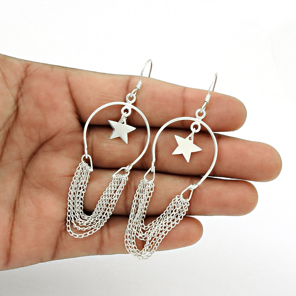 Solid 925 Silver Hanging Star Charm Dangle Earrings