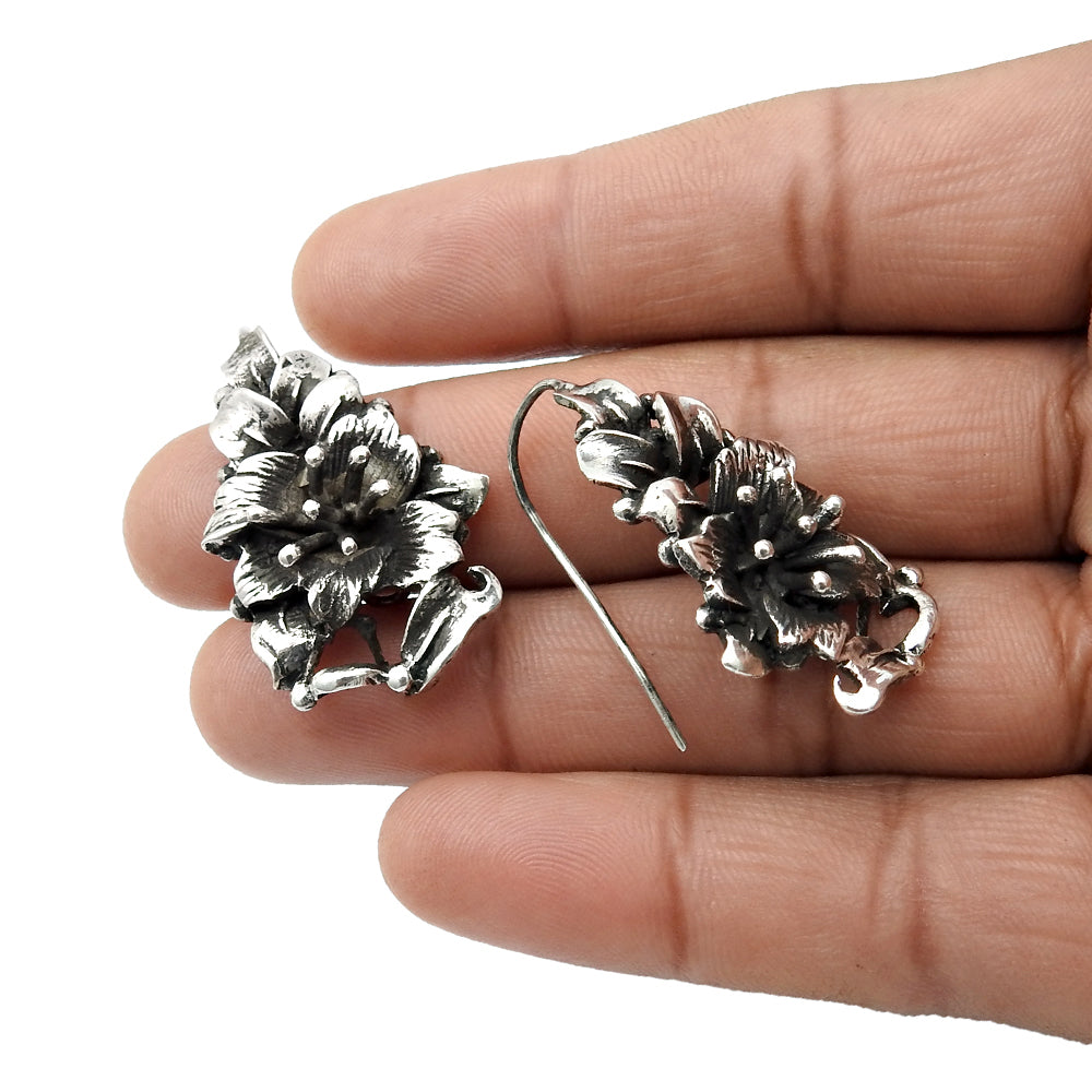 Solid 925 Oxidized Silver Flower Dangle Earrings