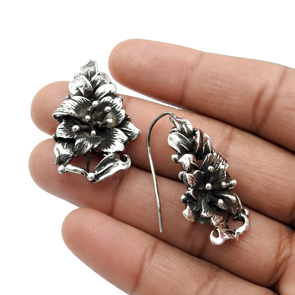 Solid 925 Oxidized Silver Flower Dangle Earrings