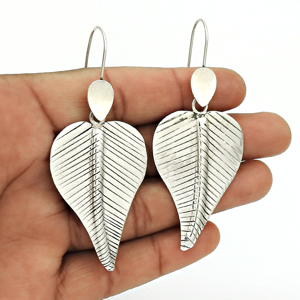 Solid 925 Sterling Silver Leaf Dangle Earrings