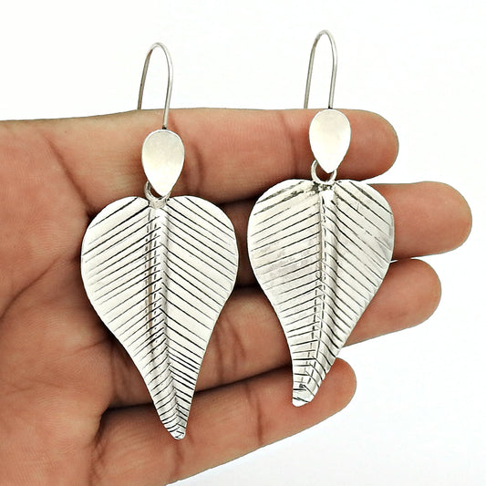 Solid 925 Sterling Silver Leaf Dangle Earrings
