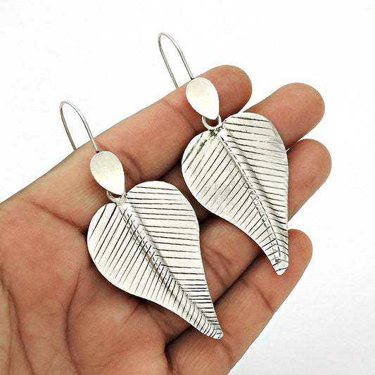 Solid 925 Sterling Silver Leaf Dangle Earrings