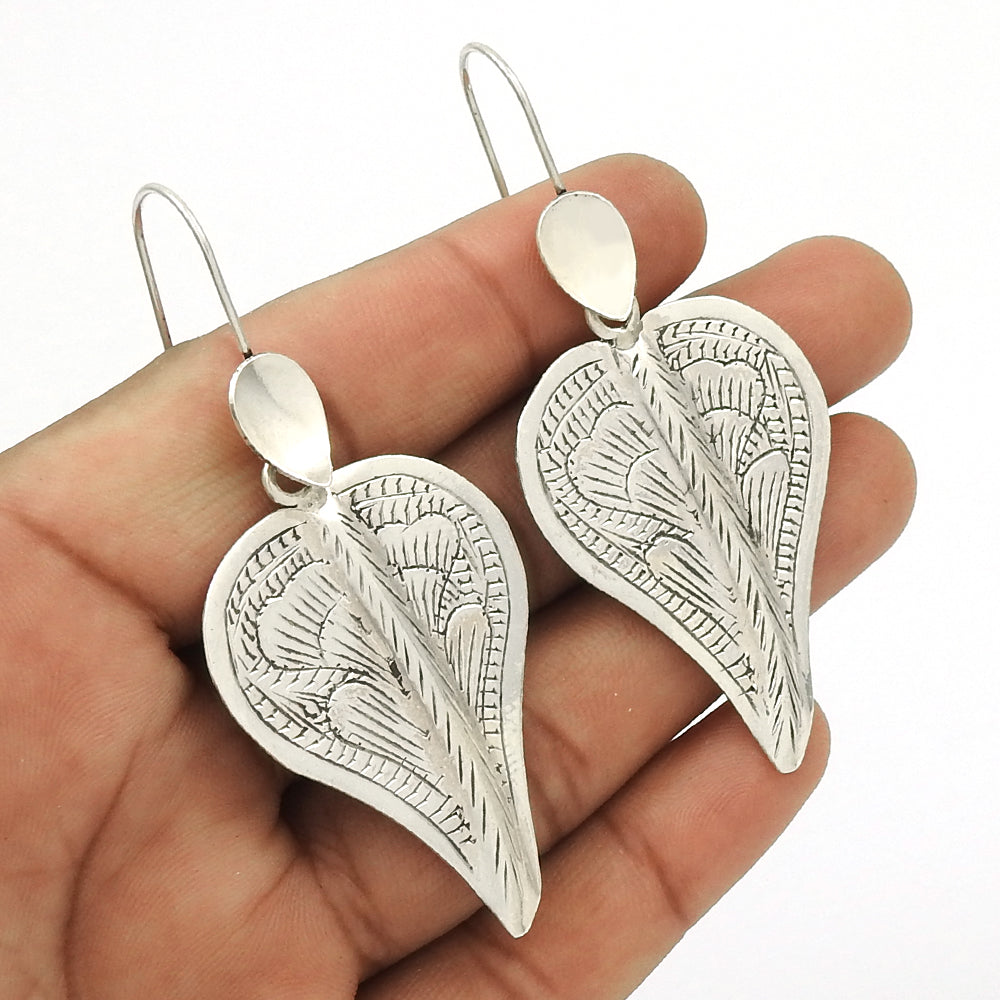 Solid 925 Silver Engraved Flower Dangle Earrings