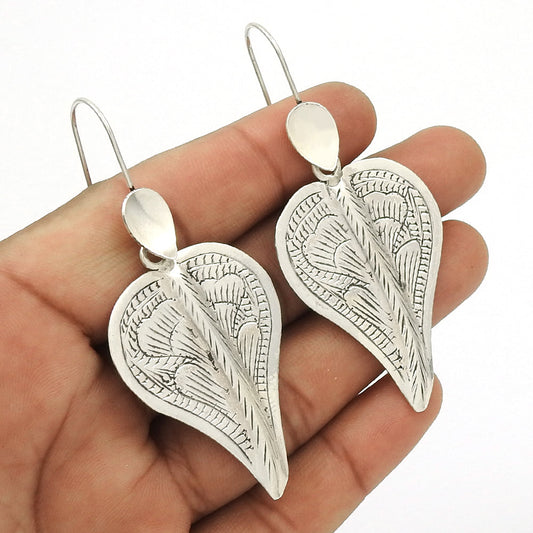 Solid 925 Silver Engraved Flower Dangle Earrings