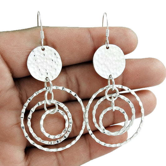Solid 925 Silver Hammered Triple Circles Earrings
