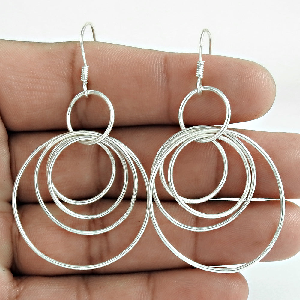 Solid 925 Silver Four Circles Dangler Earrings