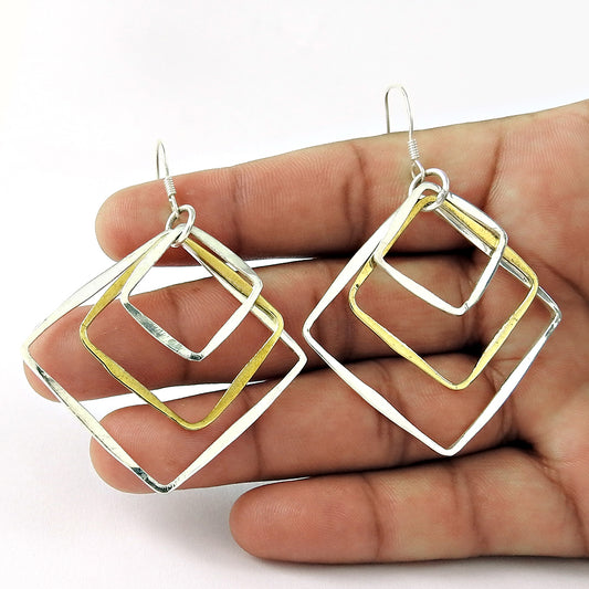 Two Tone Silver and Gold Square Dangling Earrings