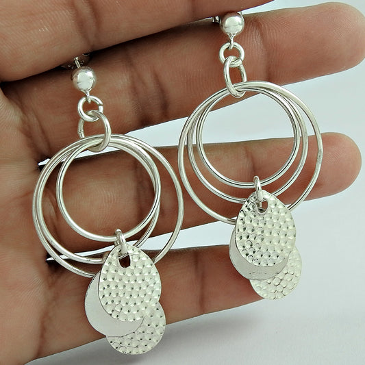 Sterling Silver Three Round Hammered Dangler Earrings