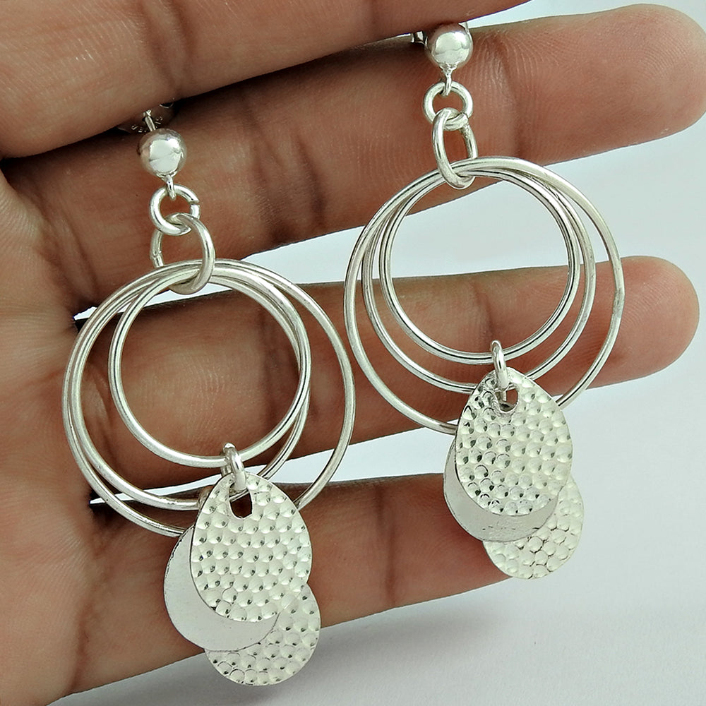 Sterling Silver Three Round Hammered Dangler Earrings