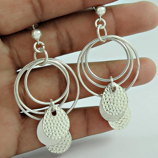 Sterling Silver Three Round Hammered Dangler Earrings