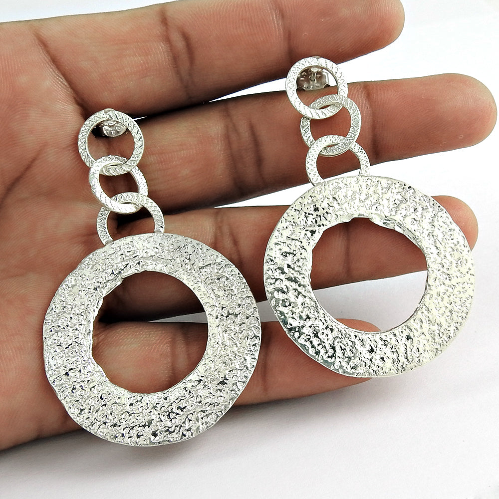 Solid 925 Silver Trendy Hammered Earrings