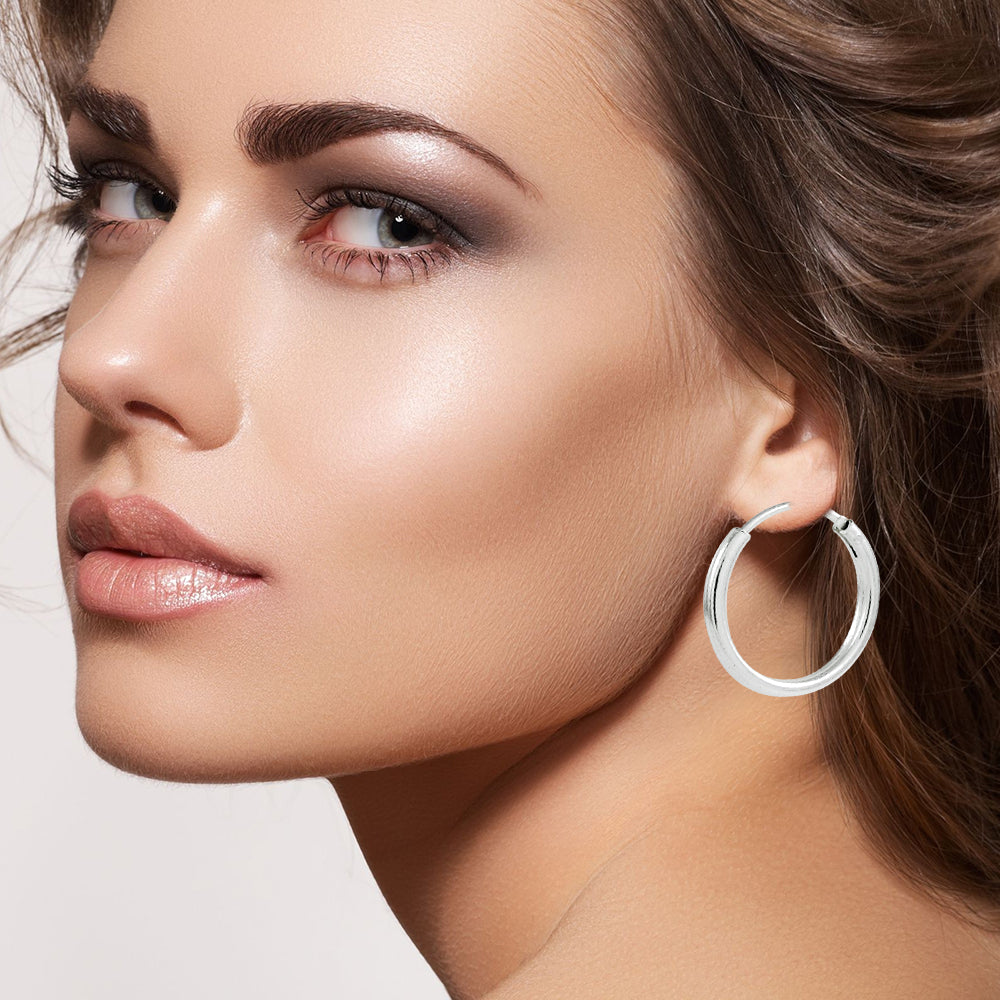 Sterling Silver Round Thick Hoop Earrings For Girls