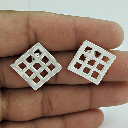 Sterling Silver Checker Board Geometric Stud Earrings