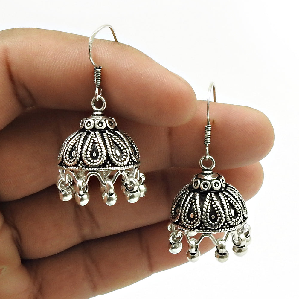 Solid 925 Sterling Silver Handmade Dangle Jhumki Earrings