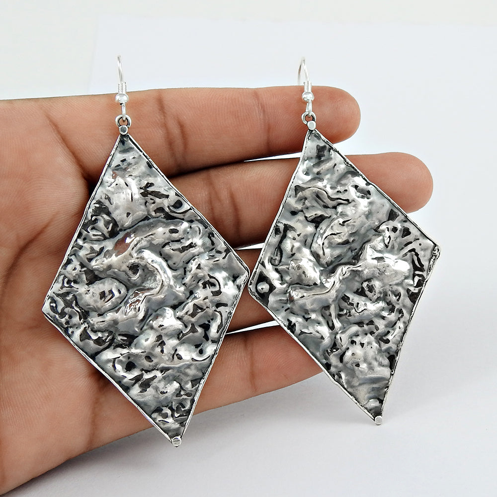 Oxidized 925 Silver Hammered Dangle Earrings For Her