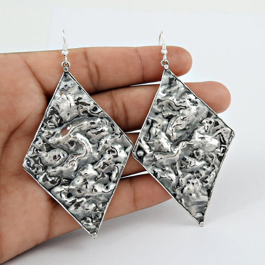 Oxidized 925 Silver Hammered Dangle Earrings For Her