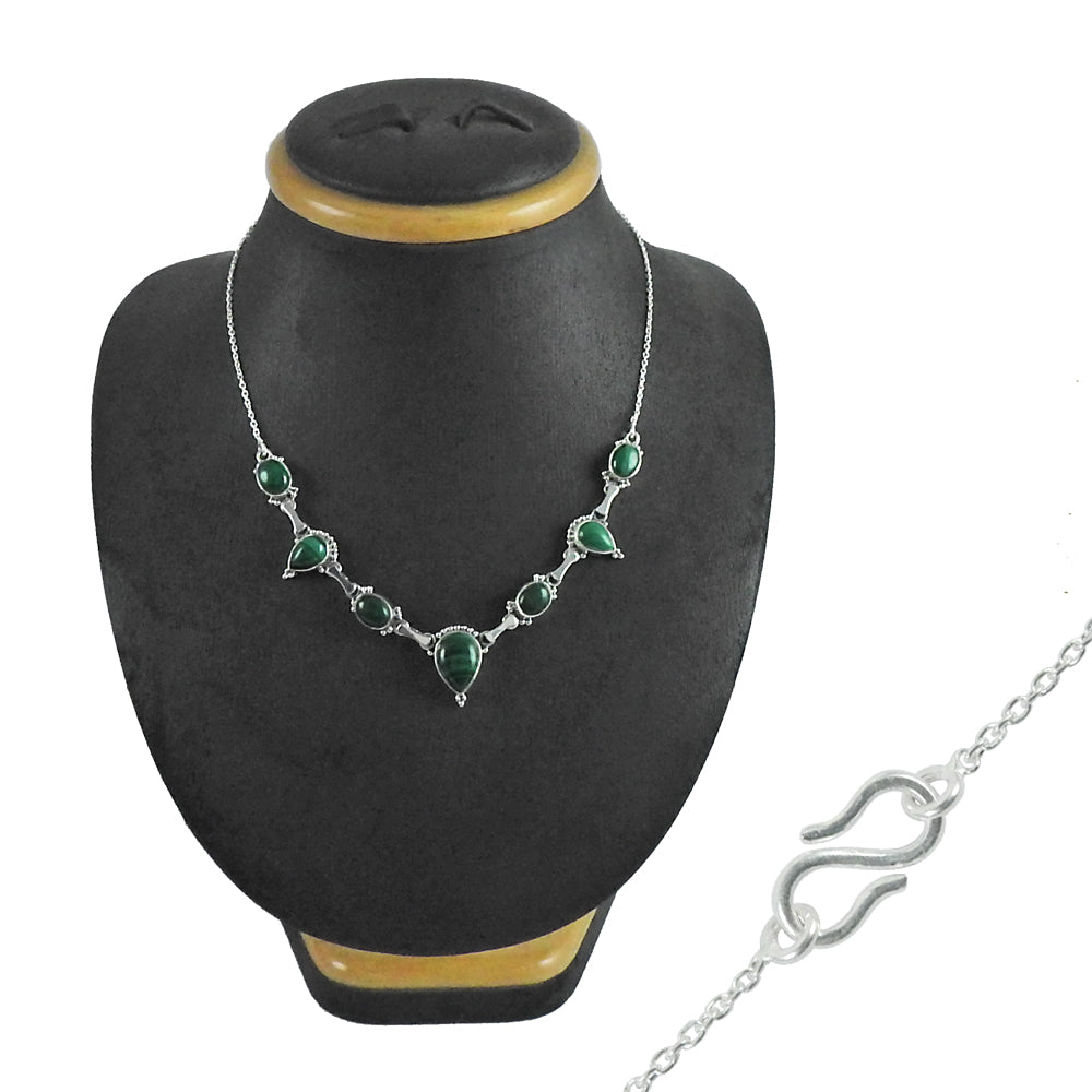 Solid Sterling Silver Malachite Gemstone Cluster Bezel Ethnic Birthday Necklace