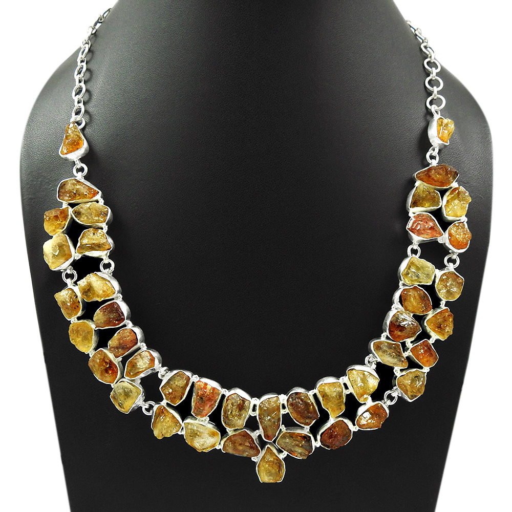 Natural Citrine Solid Sterling Silver Rough Stone Wedding Cluster Bezel Necklace