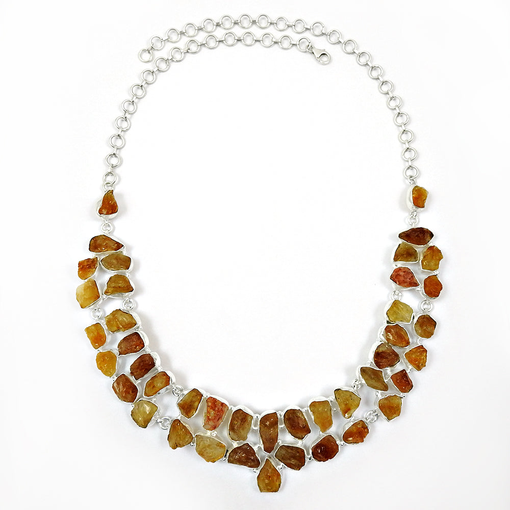 Natural Citrine Solid Sterling Silver Rough Stone Wedding Cluster Bezel Necklace