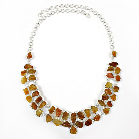 Natural Citrine Solid Sterling Silver Rough Stone Wedding Cluster Bezel Necklace
