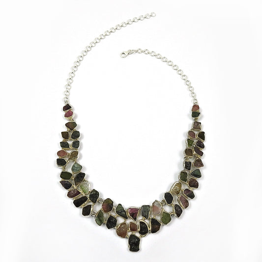 Natural Tourmaline Gemstone 925 Silver Cluster Rough Stone Necklace For Girls O1