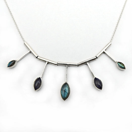 Labradorite Gemstone 925 Solid Silver Bohemian Cluster Third Eye Chakra Necklace