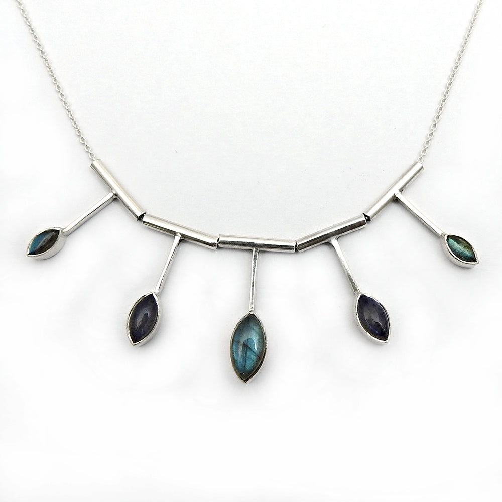 Labradorite Gemstone 925 Solid Silver Bohemian Cluster Third Eye Chakra Necklace