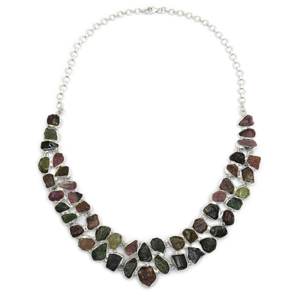 Natural Tourmaline 925 Silver Statement Rough Stone Necklace Jewelry