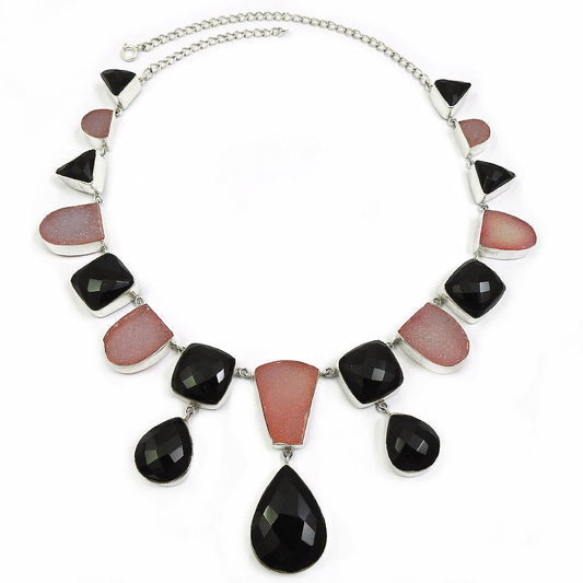 Druzy Black Onyx Gemstone 925 Sterling Silver Statement Necklace For Women Girls