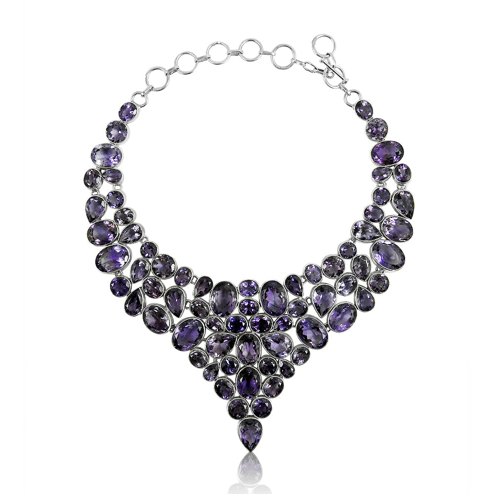 Natural Amethyst Gemstone 925 Silver Cluster Ethnic Necklace For Girls D5