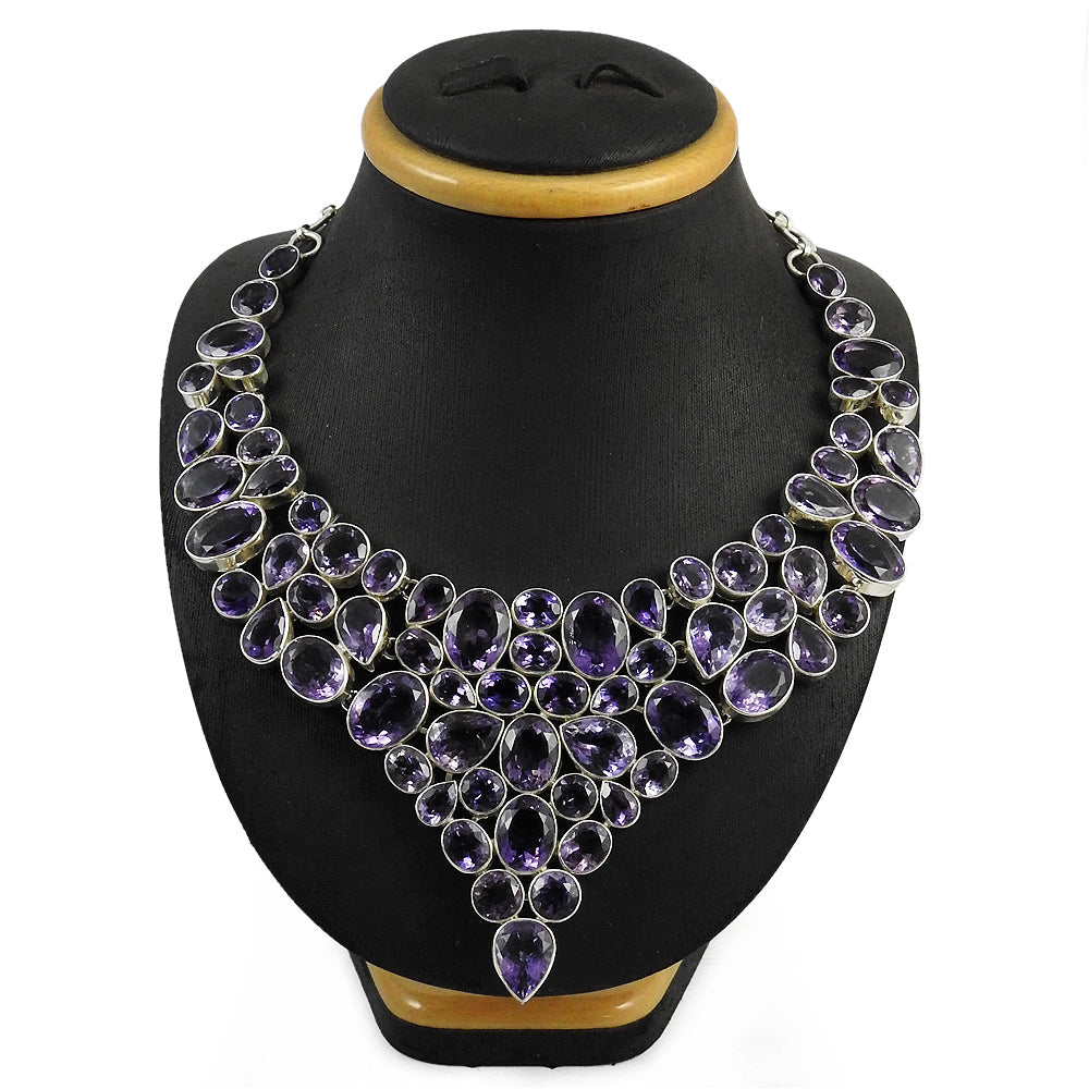 Natural Amethyst Gemstone 925 Silver Cluster Ethnic Necklace For Girls D5