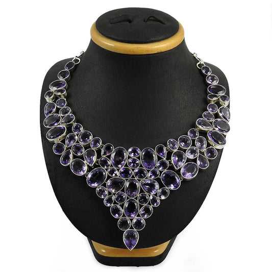 Natural Amethyst Gemstone 925 Silver Cluster Ethnic Necklace For Girls D5