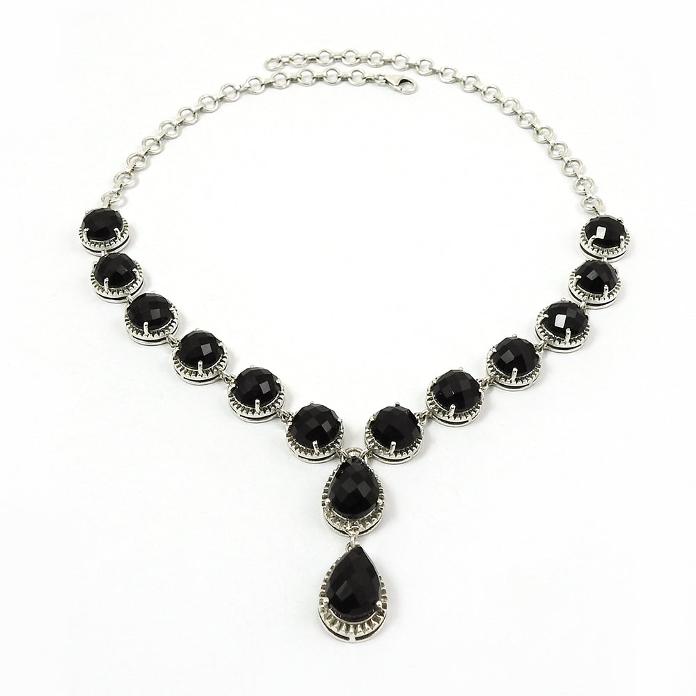 Anniversary Gift For Her Natural Black Onyx Cluster Vintage Necklace 925 Silver Z28