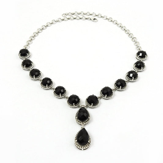Anniversary Gift For Her Natural Black Onyx Cluster Vintage Necklace 925 Silver Z28