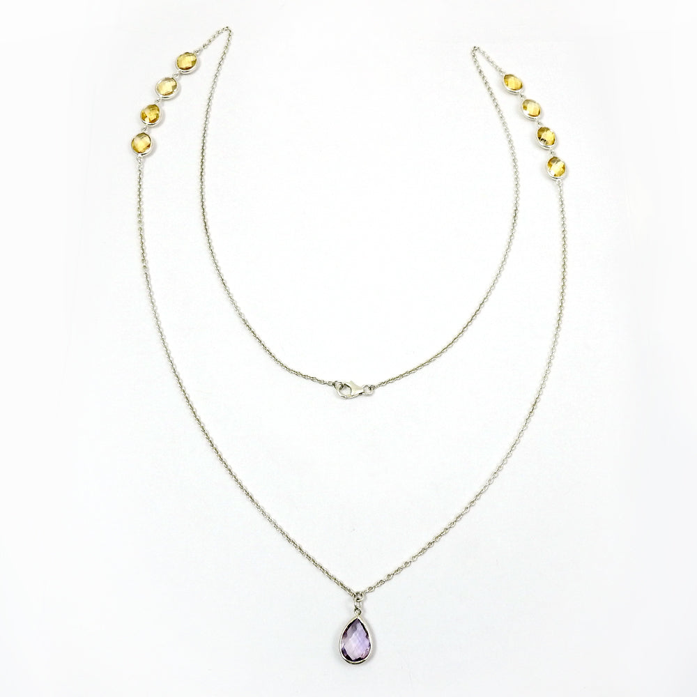 February Birth Pear Citrine Stone Cluster Anniversary Necklace Sterling Silver