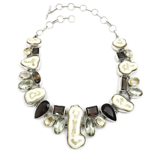 Jasper Smoky Quartz Citrine Green Amethyst Gemstone Necklace 925 Sterling Silver Handmade Jewelry