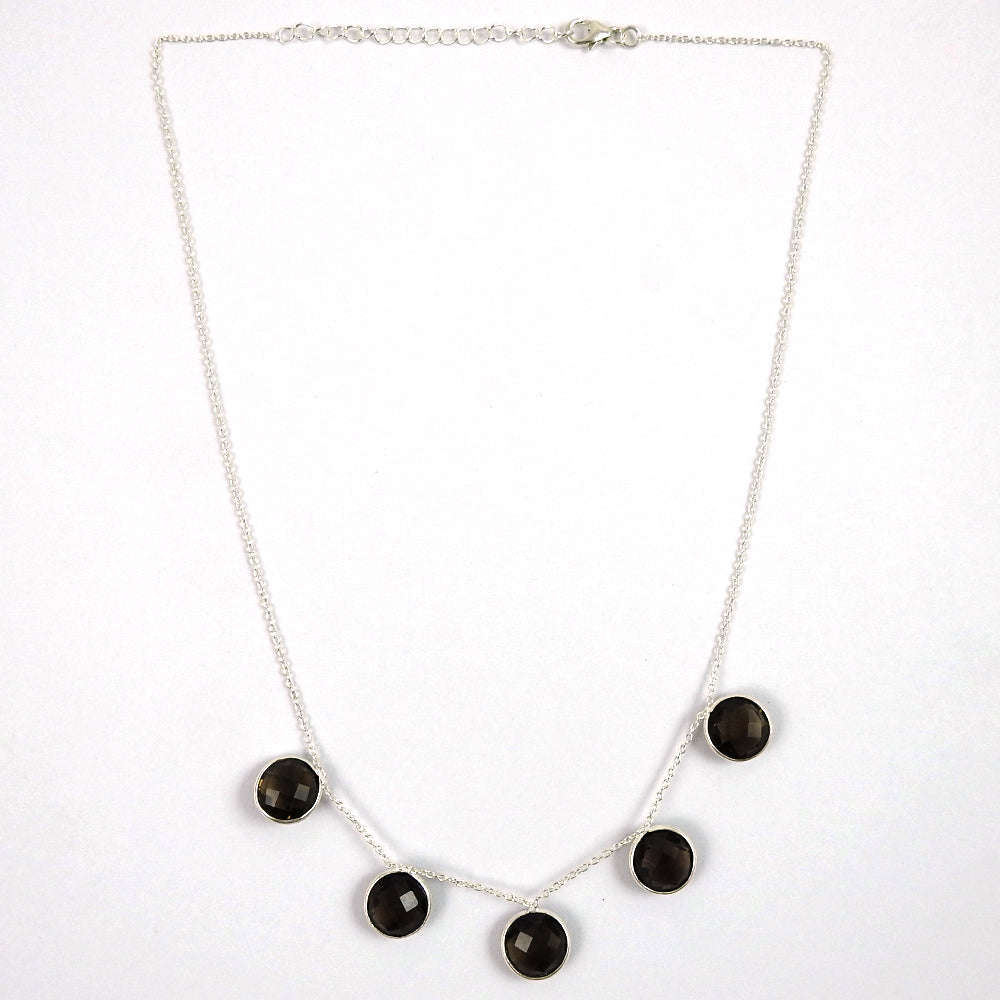 Gift For Her Bezel Necklace 925 Sterling Silver Natural Smoky Quartz Gemstones