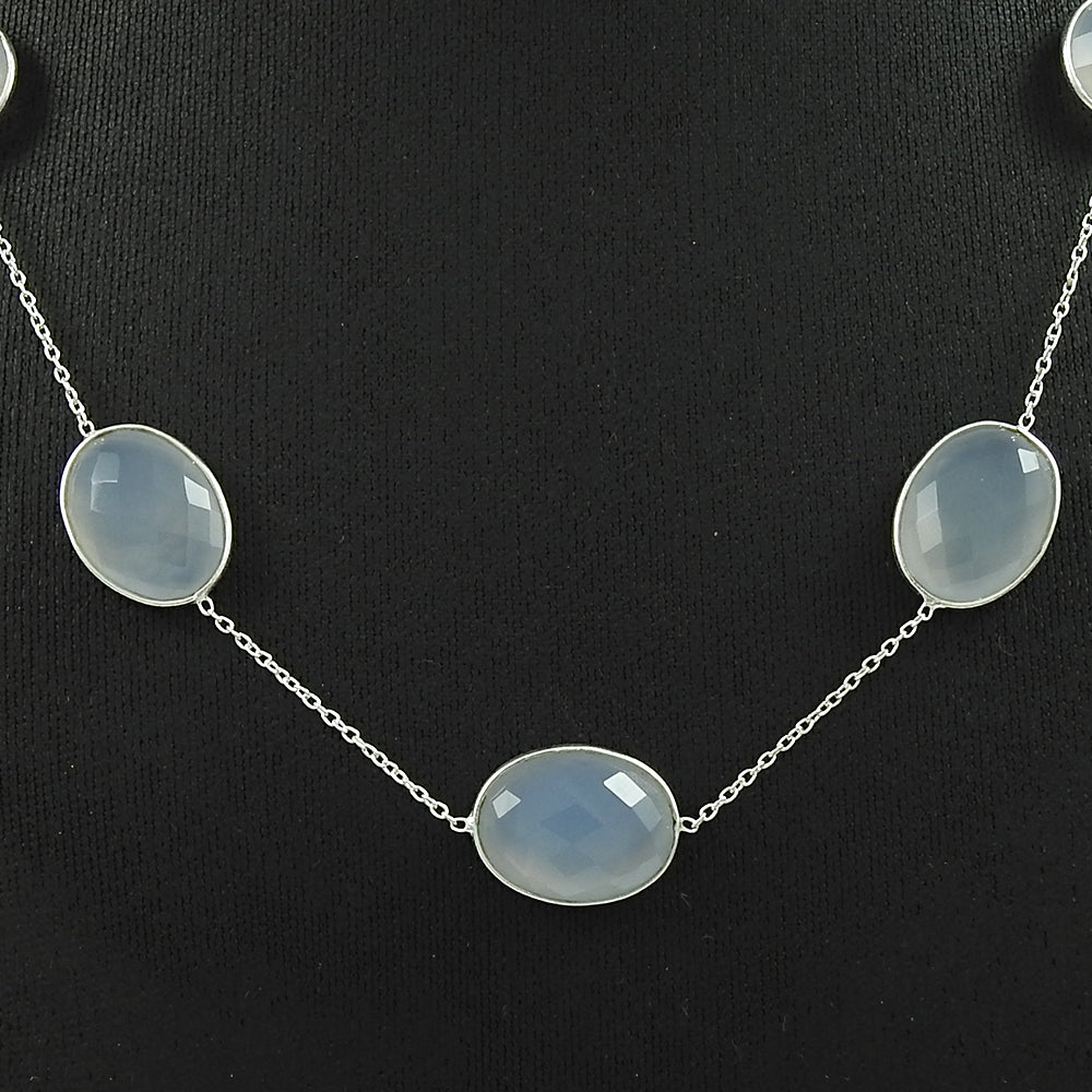 Natural Chalcedony Gemstone Cluster Boho Blue Necklace 925 Sterling Silver Y1