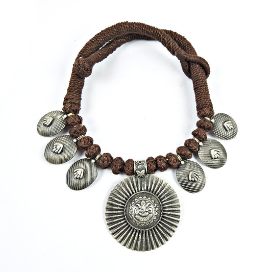 Oxidised Sterling Silver Antique Jewellery Ganesha Thread Necklace