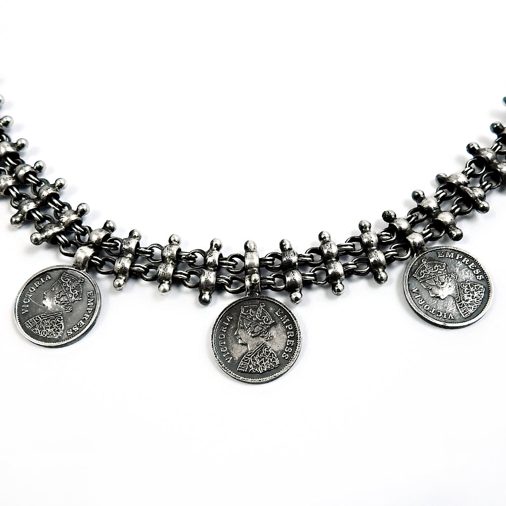 HANDMADE 925 Solid Sterling Silver Jewelry Oxidized Victoria Coin Necklace