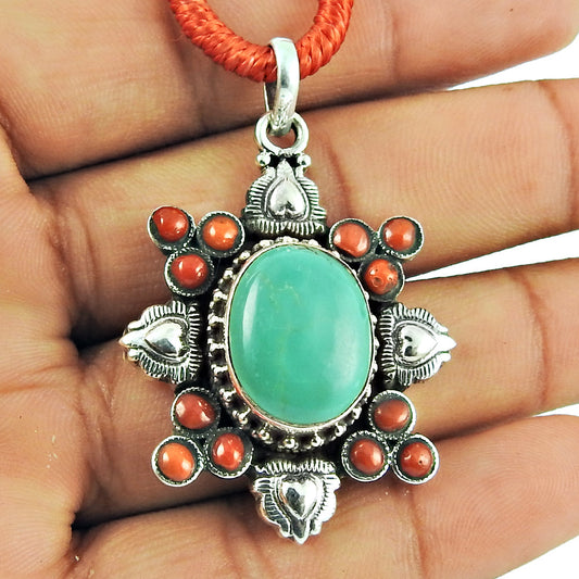 Natural Coral Gemstone Pendant Boho 925 Sterling Silver Indian Jewelry Y5