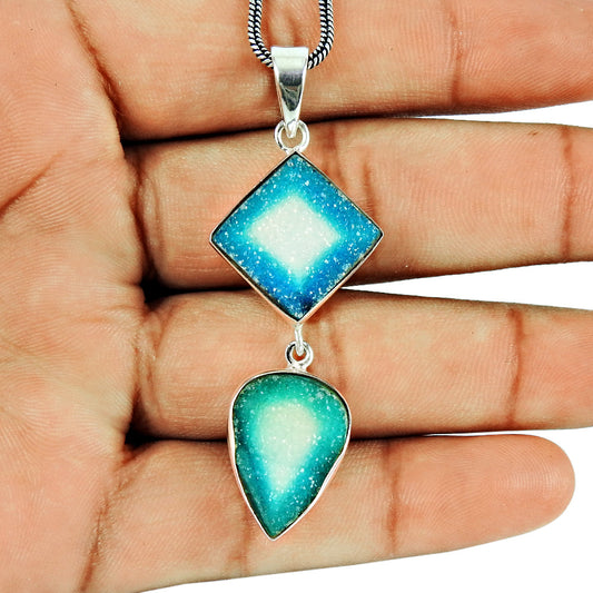 Birthday Gift Natural Druzy Gemstone Pendant Tribal 925 Sterling Silver A4