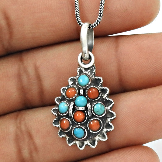 Round Throat Chakra Coral Boho Daughter Anniversary Pendant 925 Sterling Silver