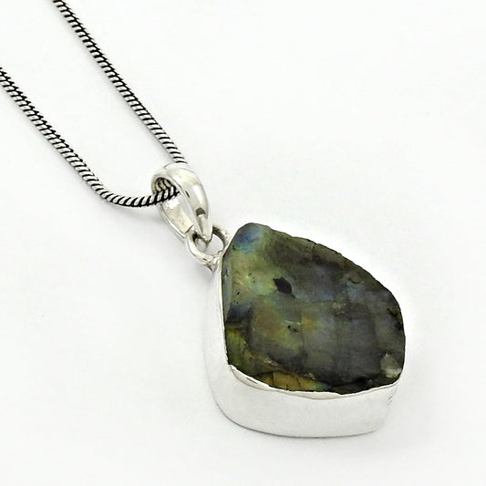 Rough Stone Natural Labradorite Solid 925 Silver Causal Pendant Handmade Jewelry