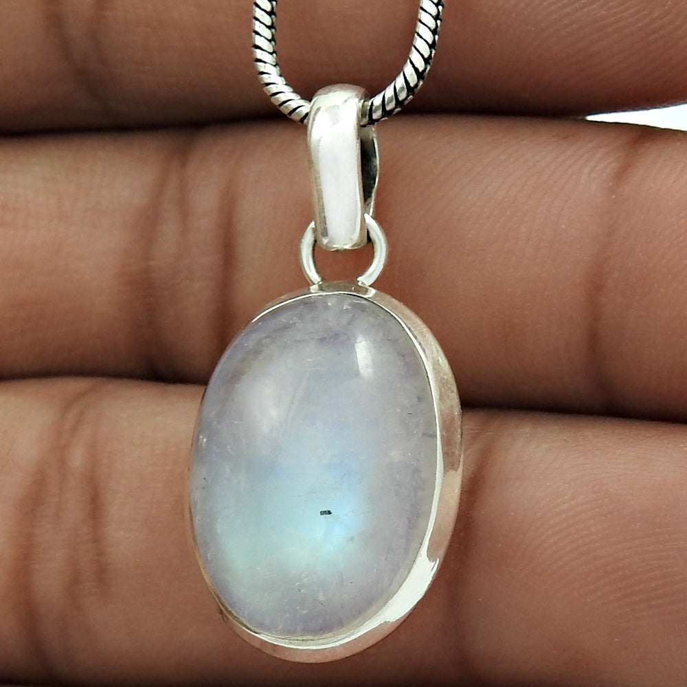 Oval Crown Chakra Rainbow Moonstone Stone New Bezel Pendant 925 Solid Silver