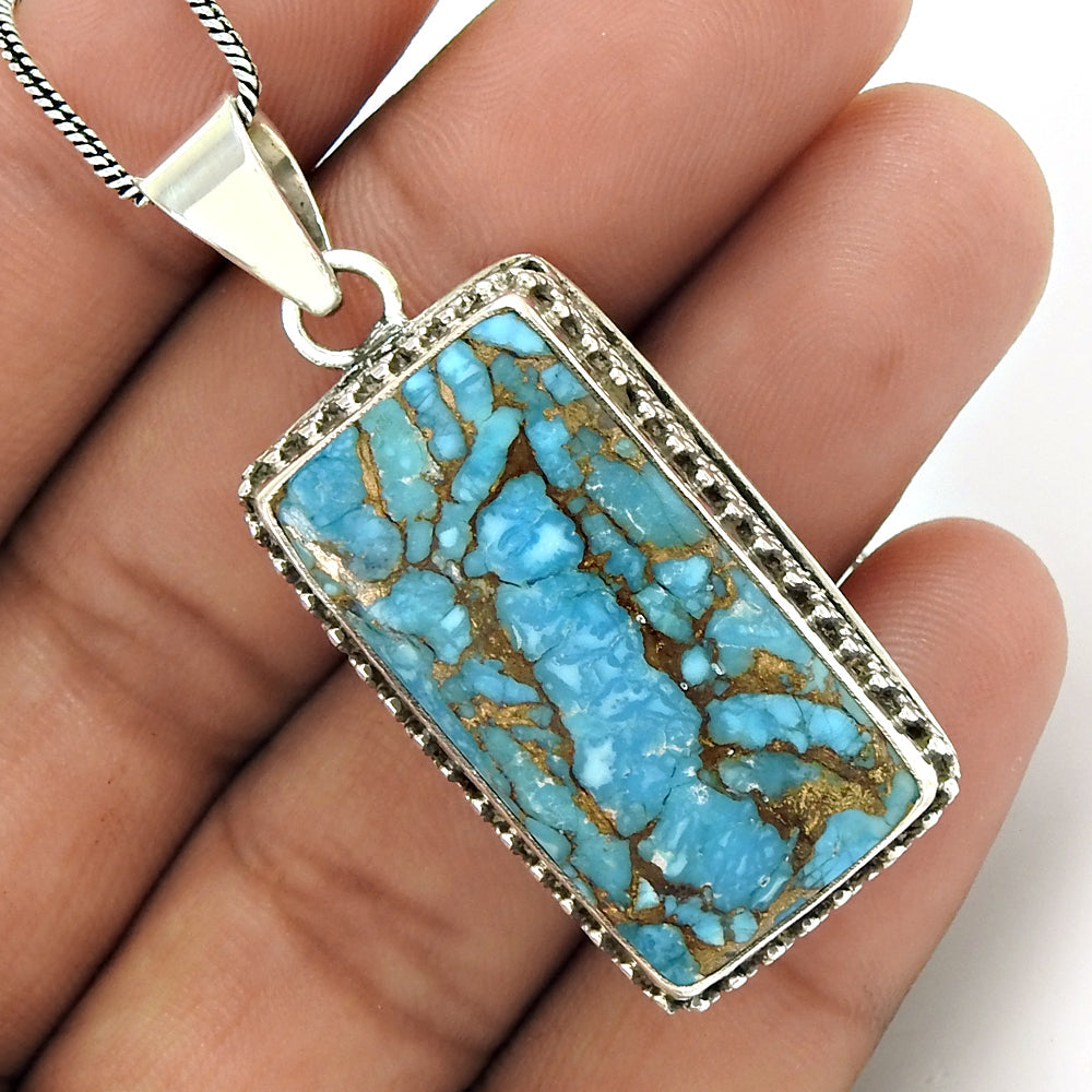 Natural Copper Turquoise Gemstone Pendant Bohemian Blue 925 Sterling Silver N90