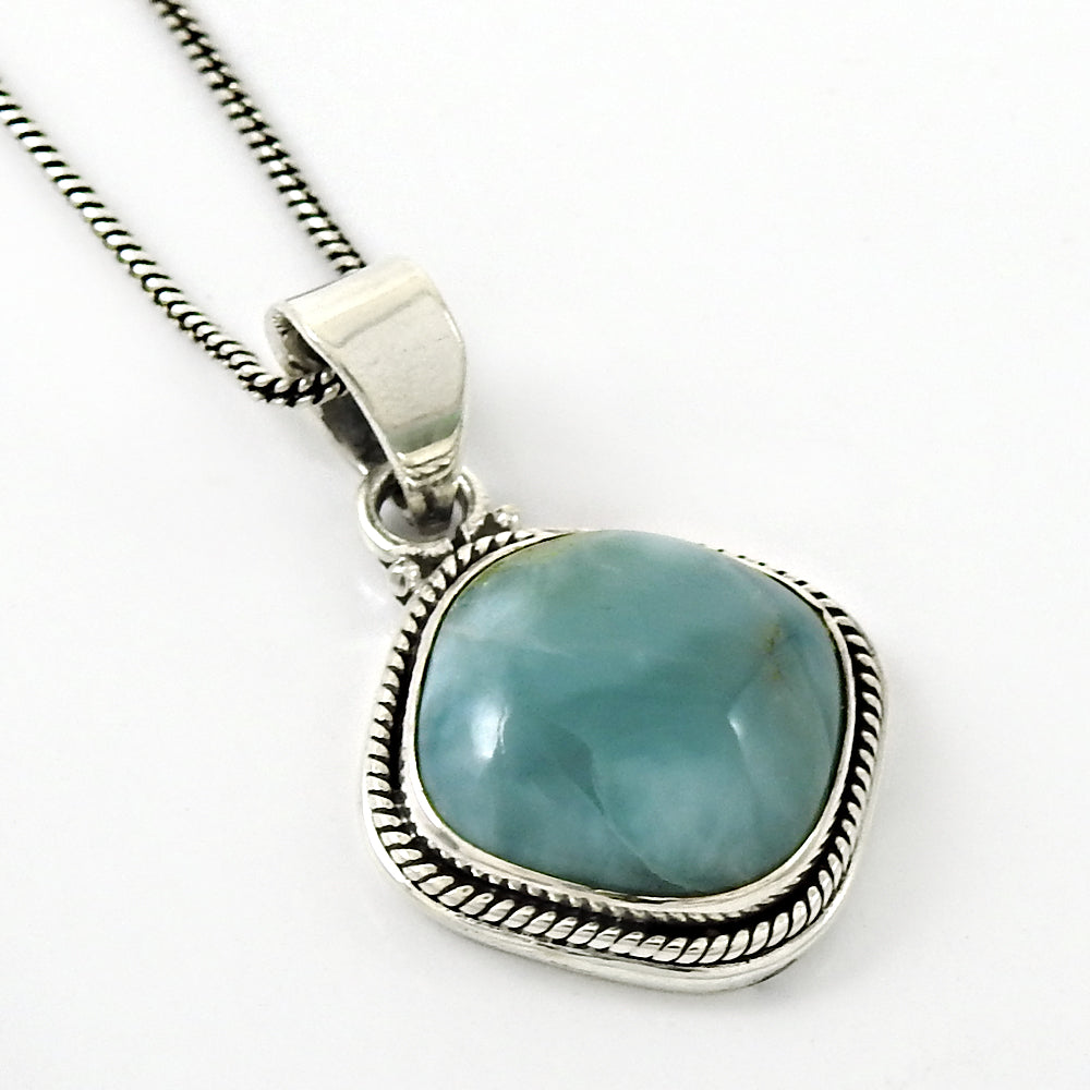 Cushion Natural Larimar New Boho Anniversary Bezel Pendant 925 Sterling Silver