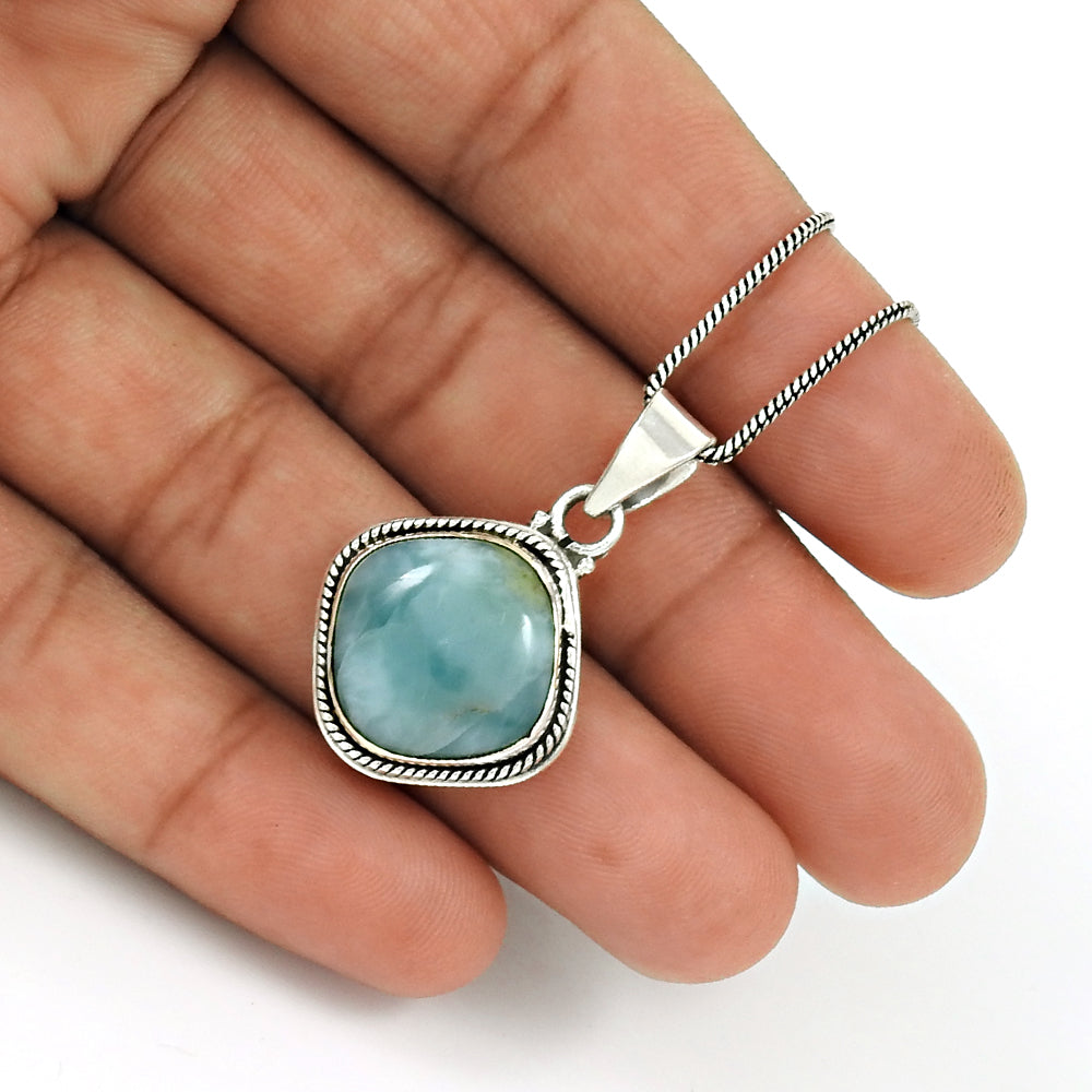 Cushion Natural Larimar New Boho Anniversary Bezel Pendant 925 Sterling Silver