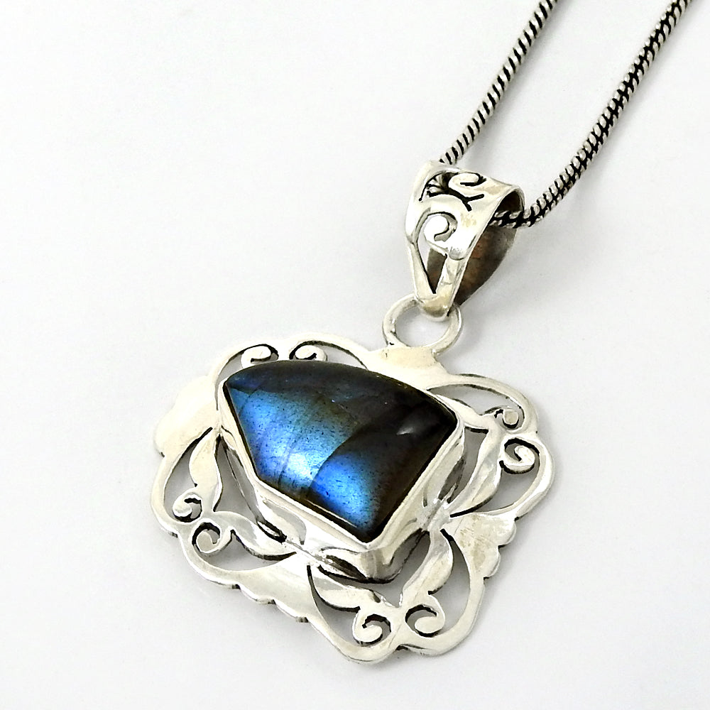 Natural Labradorite Gemstone Pendant Bohemian Blue 925 Sterling Silver A78