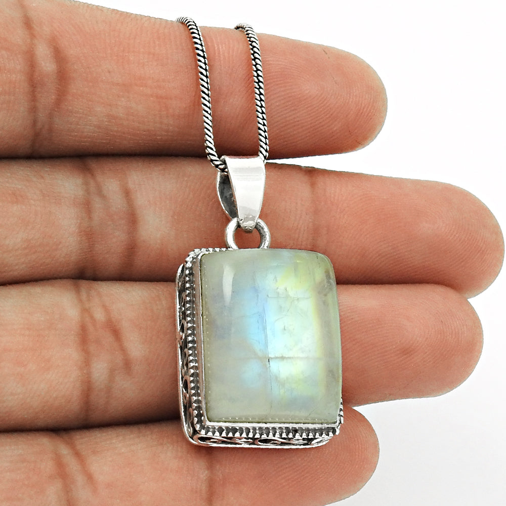 Crown Chakra Natural Rainbow Moonstone Tribal Sister Pendant 925 Solid Silver